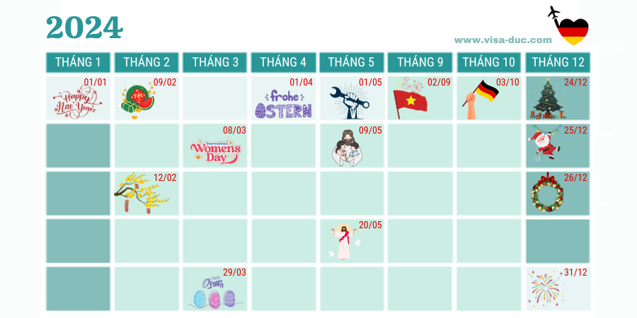 Những ngày nghỉ lễ trong năm 2024 của Tổng Lãnh sự quán Đức